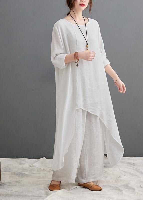 Large Size Loose Art Long White Top Casual Wide Leg Pants Two Piece Suit For Women