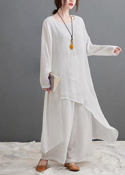 Large Size Loose Art Long White Top Casual Wide Leg Pants Two Piece Suit For Women