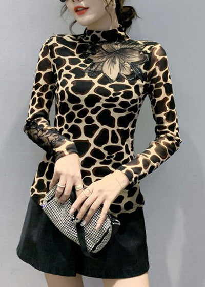 Leopard print Blouses Tops Hollow Out Spring