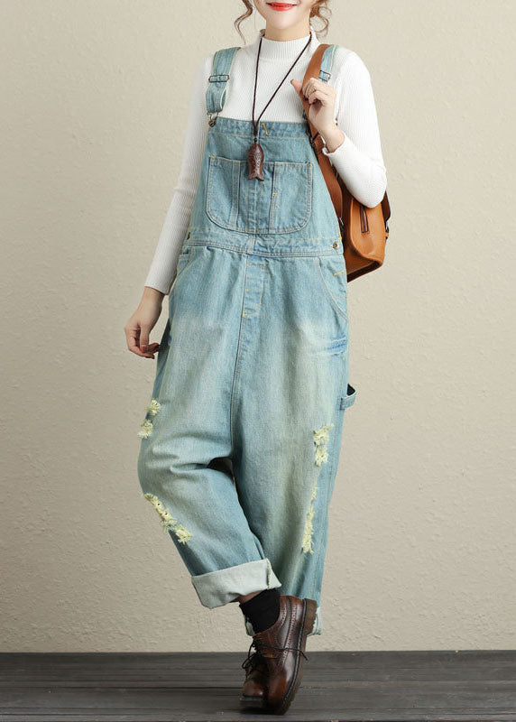 Light Blue Patchwork Ripped Jeans Jumpsuits Spring