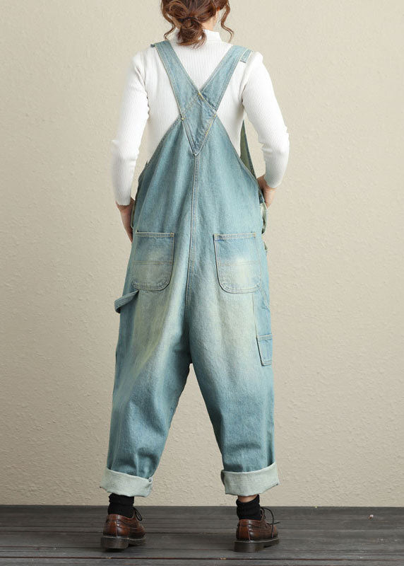 Light Blue Patchwork Ripped Jeans Jumpsuits Spring