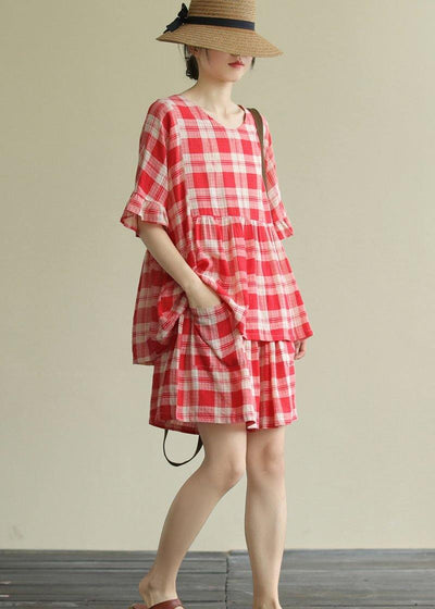 Literary loose round neck stitching top elastic red check pants suit