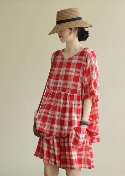 Literary loose round neck stitching top elastic red check pants suit