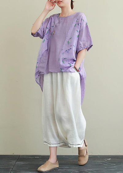 Literature and art ramie purple printed T-shirt female loose cotton and linen nine points wide leg pants two-piece suit