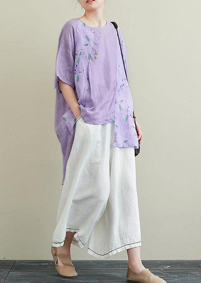 Literature and art ramie purple printed T-shirt female loose cotton and linen nine points wide leg pants two-piece suit