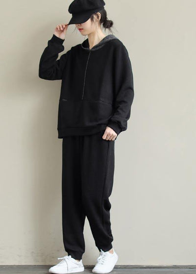 Loose Black Color Matching Hoodie and Elastic Pants Casual Suit