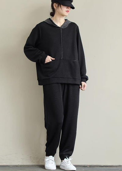 Loose Black Color Matching Hoodie and Elastic Pants Casual Suit