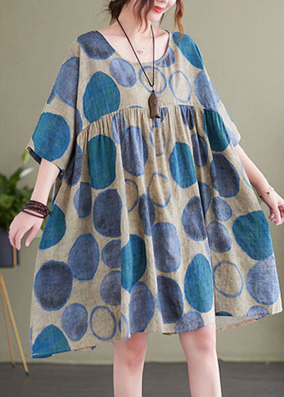 Loose Blue O-Neck Patchwork Cotton Holiday Dress Short Sleeve