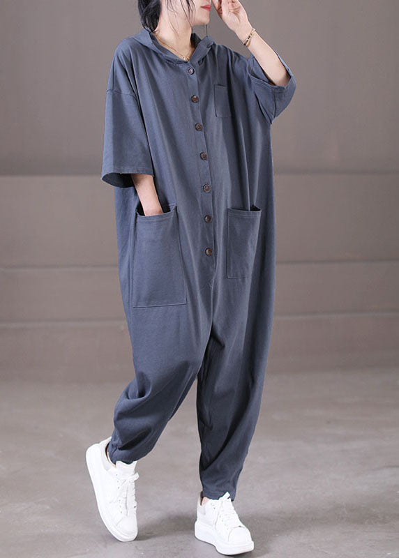 Loose Grey Hooded Pockets Solid Color Button Cotton Jumpsuit Short Sleeve