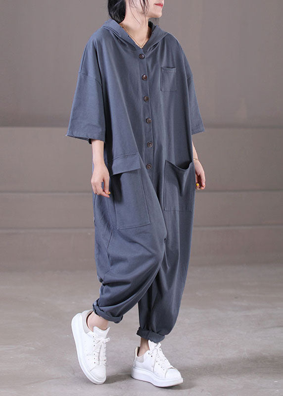 Loose Grey Hooded Pockets Solid Color Button Cotton Jumpsuit Short Sleeve