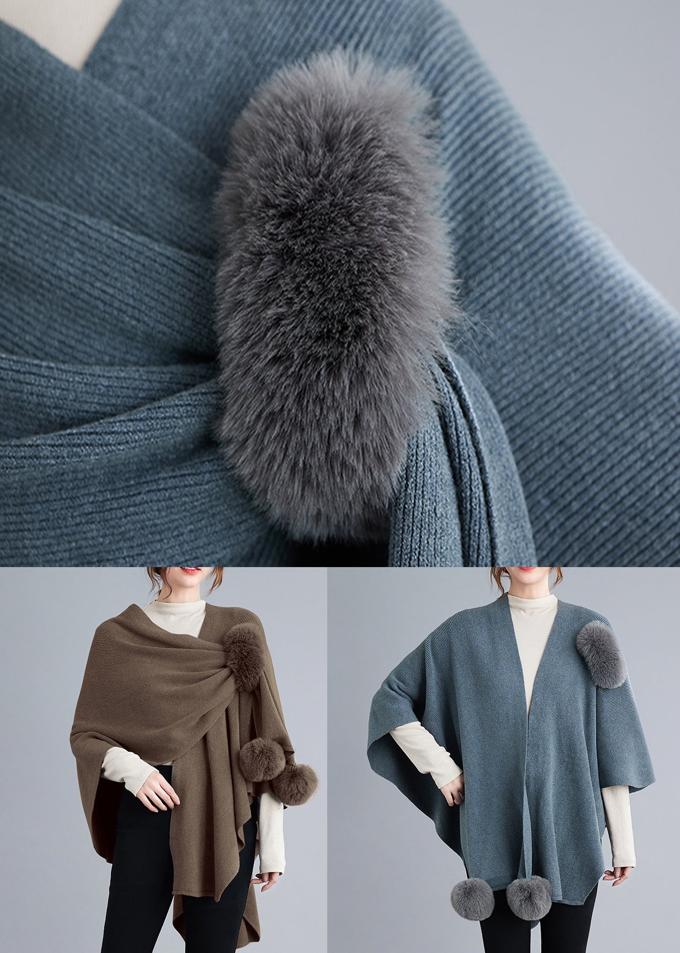Loose Khaki Asymmetrical Fuzzy Ball Patchwork Knit Cape Coats Fall