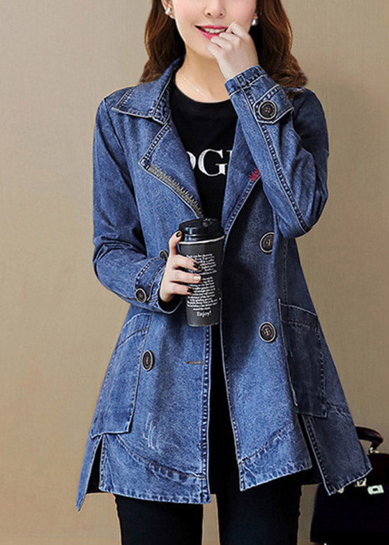 Loose Navy Notched Patchwork Side Open Button Long Denim Coats Spring