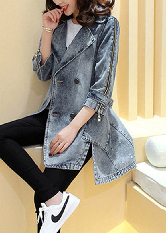 Loose Navy Notched Patchwork Side Open Button Long Denim Coats Spring