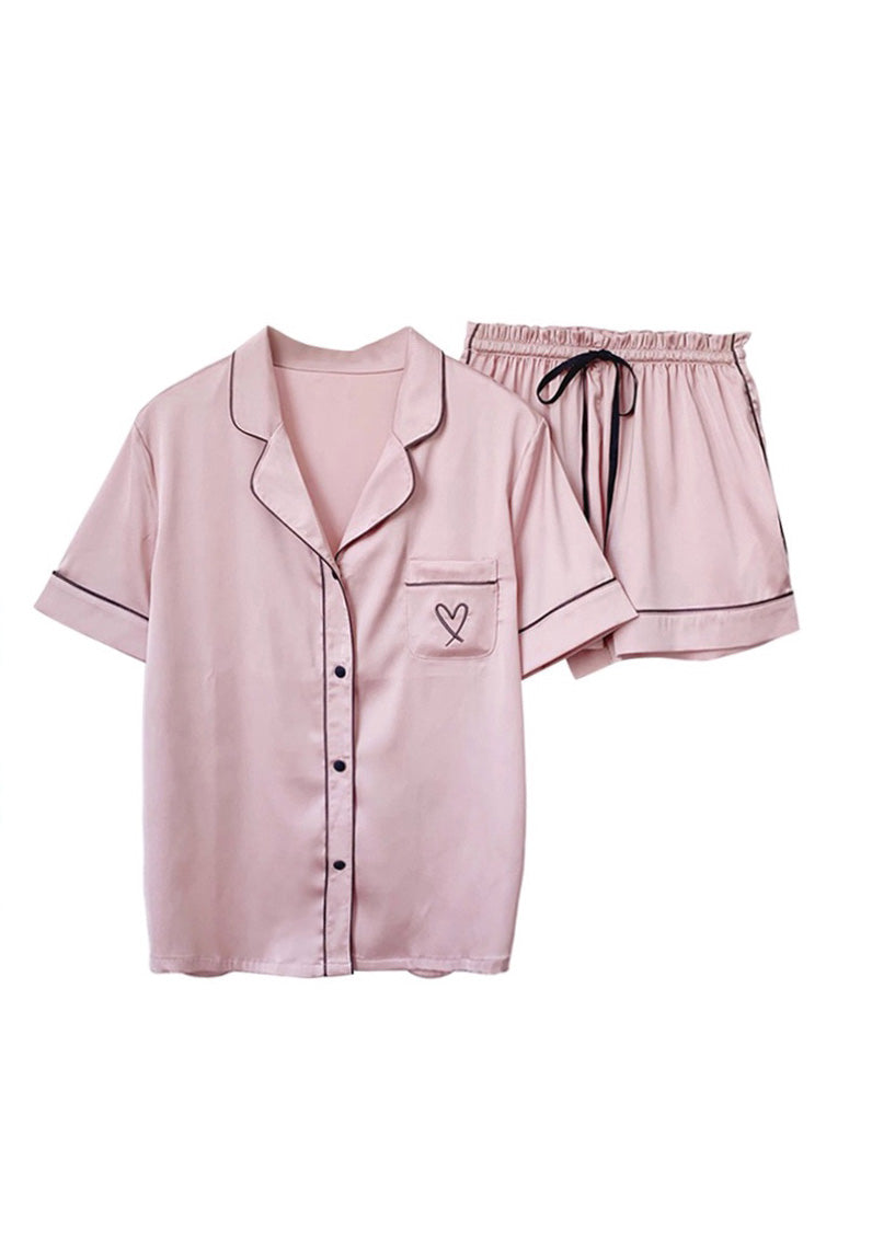 Loose Pink Peter Pan Collar Love Patchwork Ice Silk Pajamas Two Pieces Set Summer