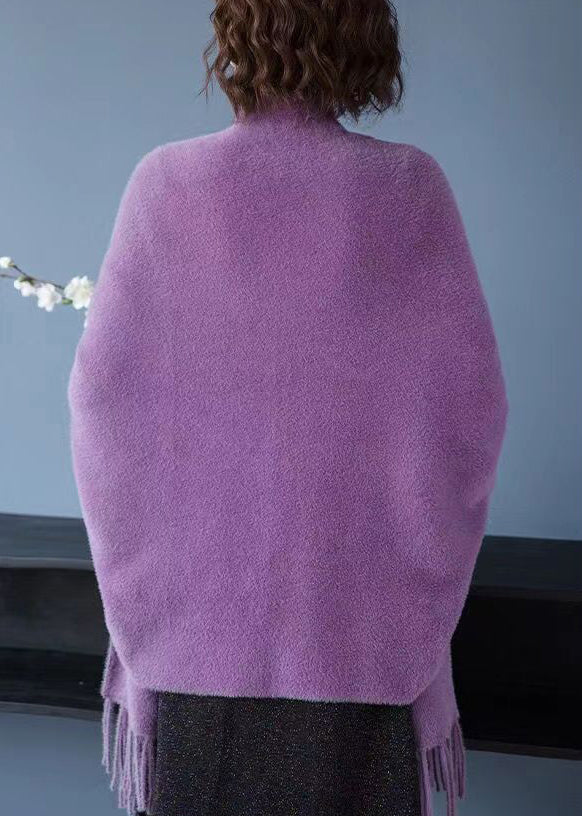Loose Purple V Neck Tasseled Patchwork Mink Velvet Cardigans Fall