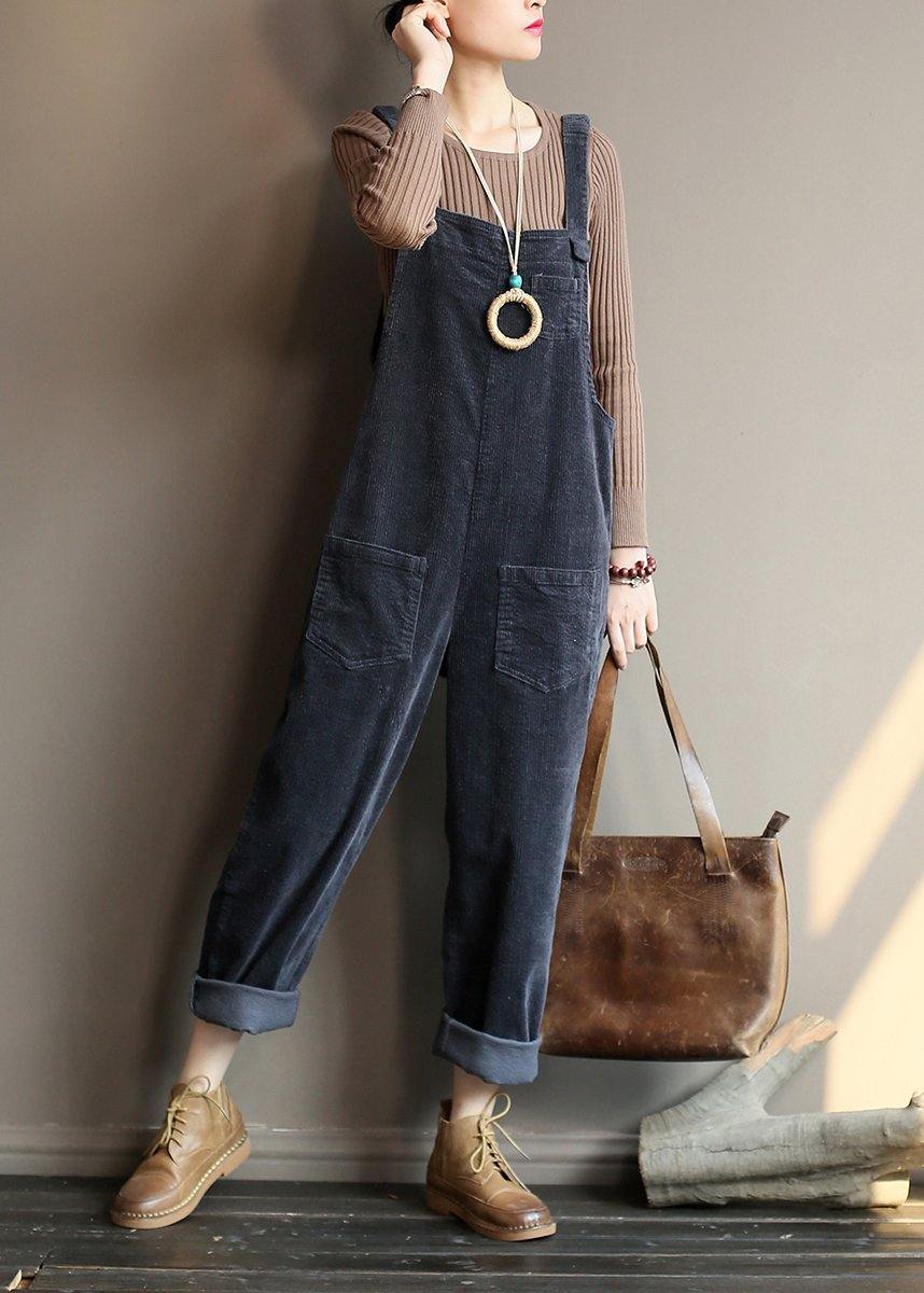 Loose gray corduroy pants overalls college style forest jumpsuit