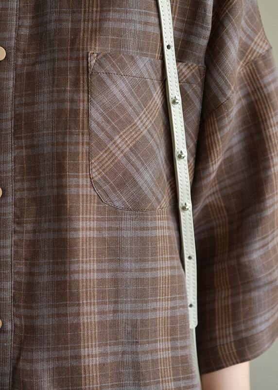 Loose brown Plaid linen lapel jumpsuit pants short summer