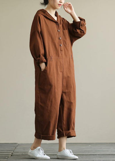 Loose hooded brown all-match long-sleeved ladies nine-point jumpsuit