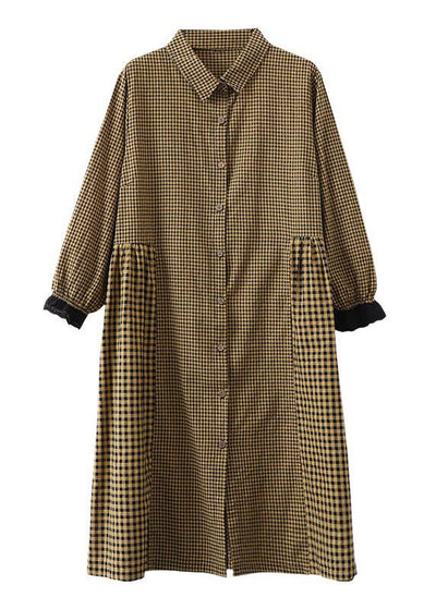 Loose lapel patchwork cotton Wardrobes Tunic Tops yellow plaid Dress
