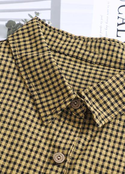Loose lapel patchwork cotton Wardrobes Tunic Tops yellow plaid Dress