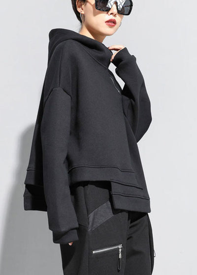 Luxury Black hooded zippered asymmetrical design Fall Sweatshirts Top