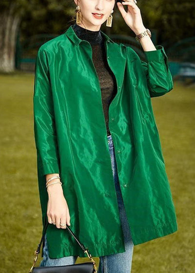 Luxury Green PeterPan Collar Button side open Fall Long sleeve Coat