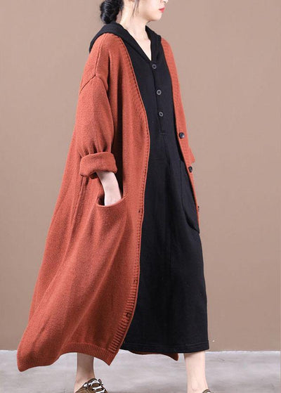 Luxury Orange Red Pockets Fall Long Knit Coat