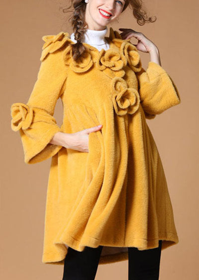 Luxury Yellow Pockets Button Floral Fall Coat