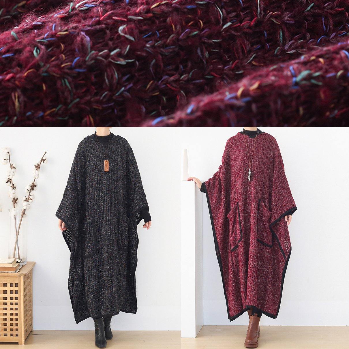Luxury burgundy woolen outwear oversize hooded large hem long outwear