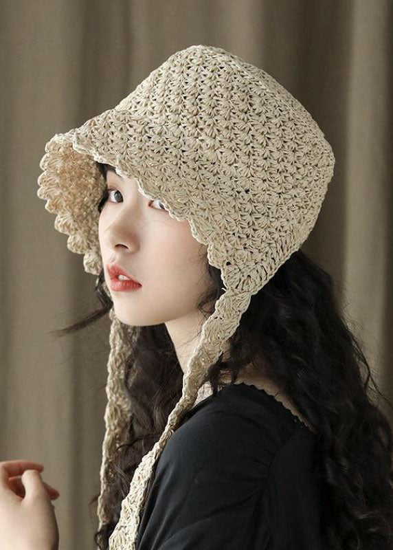 Modern Beige Lace Up Straw Woven Bucket Hat