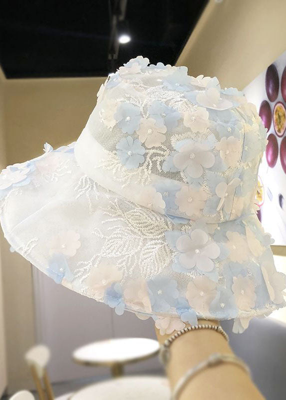 Modern Blue Floral mbroidery Tulle Bucket Hat
