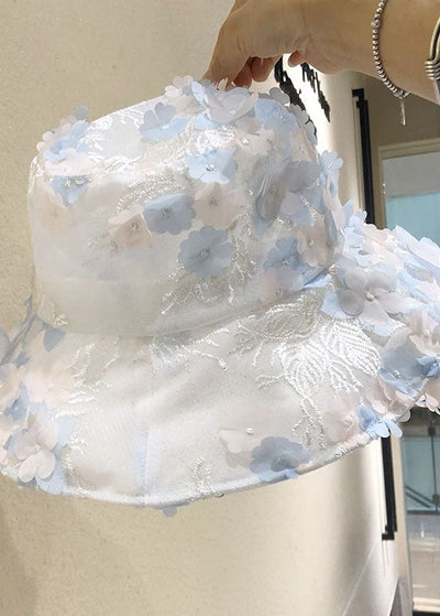 Modern Blue Floral mbroidery Tulle Bucket Hat