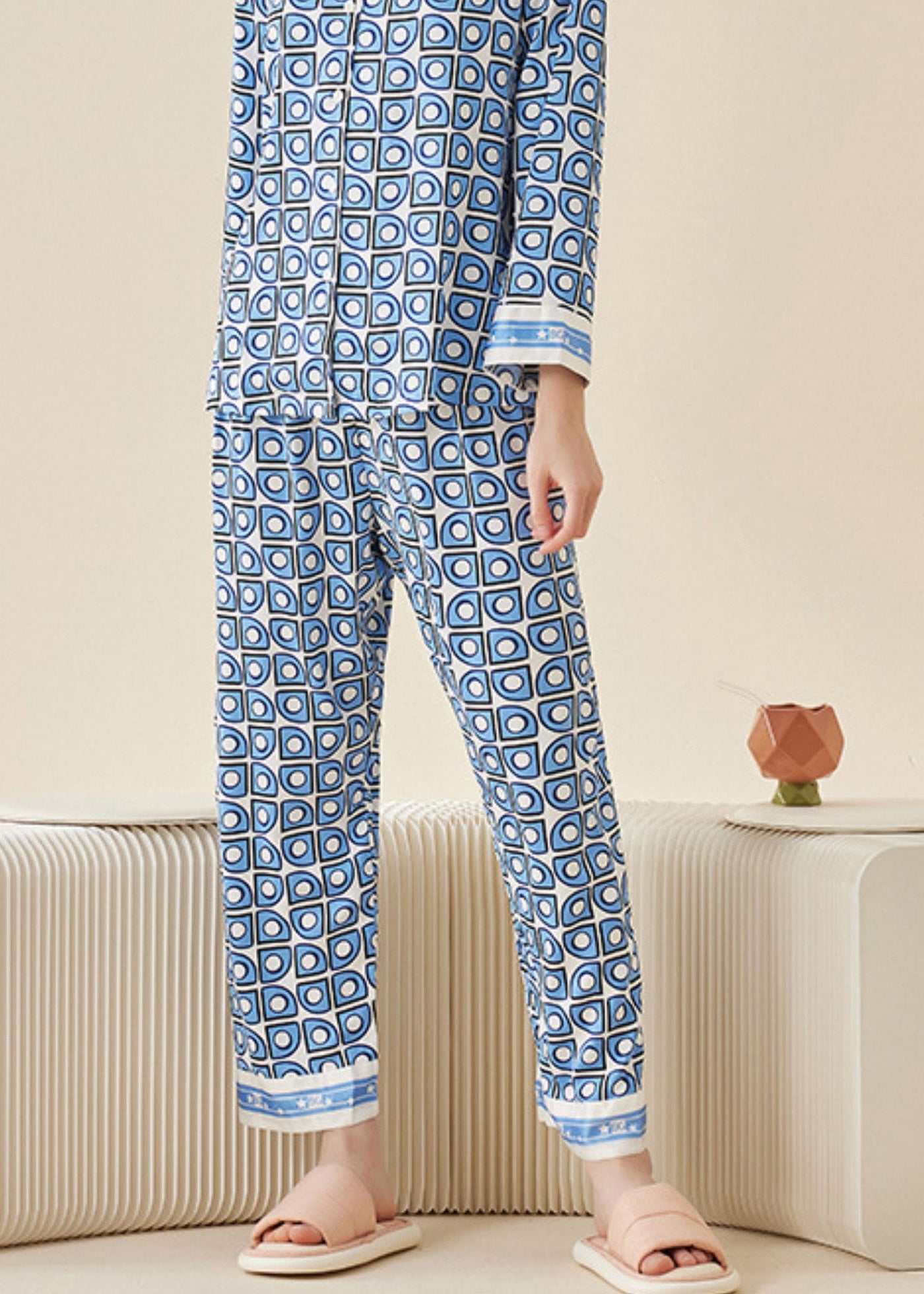 Modern Blue Peter Pan Collar Print Button Ice Silk Pajamas Two Pieces Set Long Sleeve