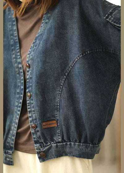 Modern Blue V Neck Button Pockets Fall Coats Long Sleeve