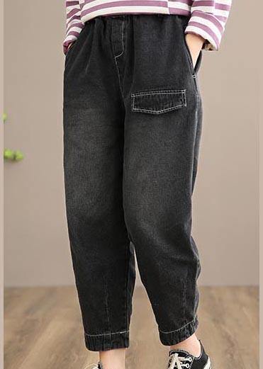 Modern Denim Black Jeans Stylish Spring Elastic Waist Photography Wild Trousers