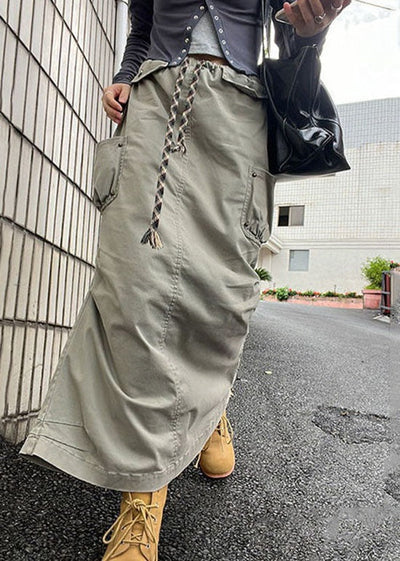 Modern Grey Wrinkled Pockets Drawstring Cotton Skirt Summer