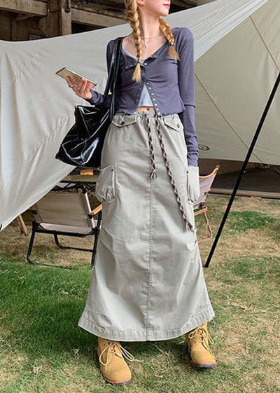 Modern Grey Wrinkled Pockets Drawstring Cotton Skirt Summer