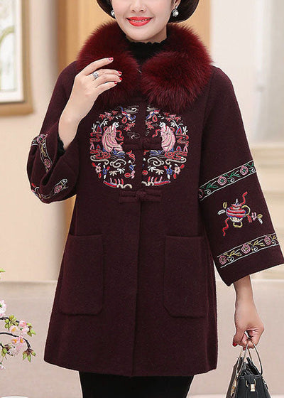 Modern Purple Fox Collar Embroideried Pockets Woolen Coats Winter