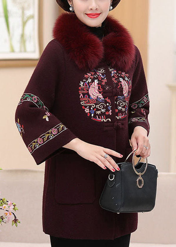 Modern Purple Fox Collar Embroideried Pockets Woolen Coats Winter