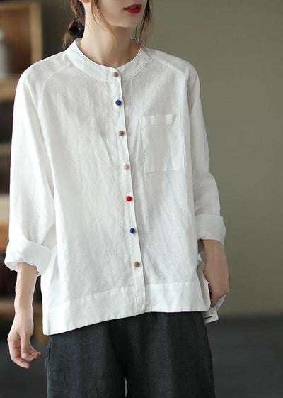 Modern White Loose Patchwork Pockets Fall Long Sleeve Blouse Top