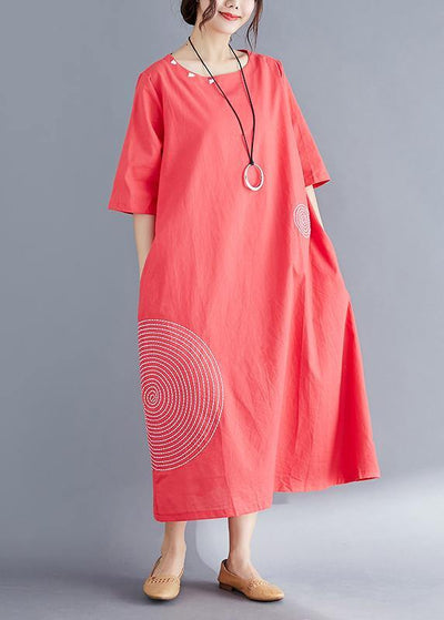 Modern o neck embroidery cotton tunic top Vintage Work Outfits red Maxi Dresses Summer