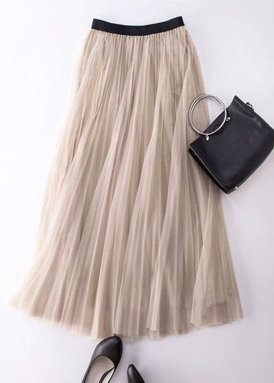 Natural Apricot Wrinkled Elastic Waist Tulle Skirt Summer
