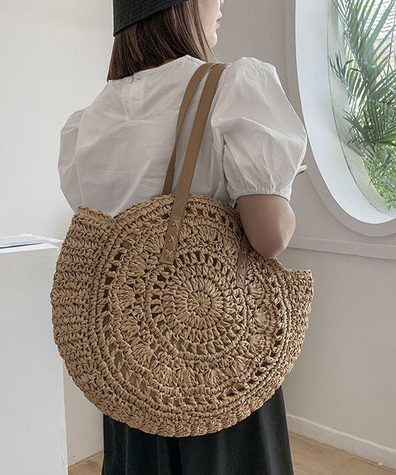 Natural Brown Hollow Out Straw Woven Satchel Bag Handbag