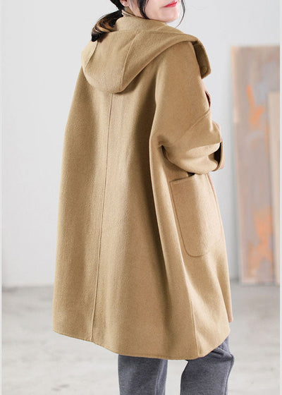 Natural Khaki Hooded Pockets Woolen Coats Winter