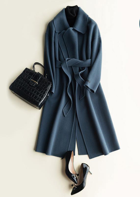 Natural Notched tie waist Fashion Woolen Coats women blouses blue silhouette outwears