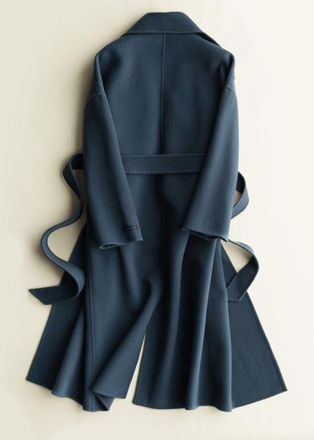 Natural Notched tie waist Fashion Woolen Coats women blouses blue silhouette outwears