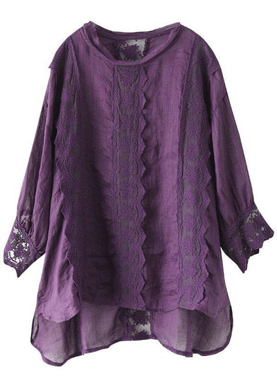 Natural Purple Hollow Out Patchwork Summer Ramie Shirt Top Long Sleeve