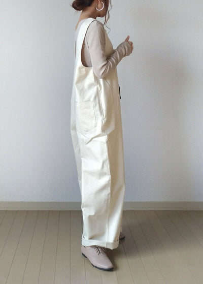 Natural White V Neck Zippered Patchwork Cotton Wide Leg Jumpsuits Sleeveless