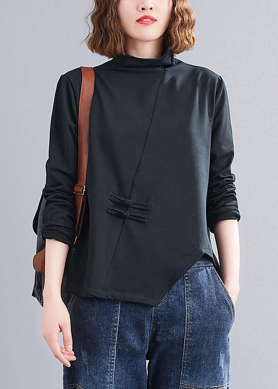 Natural black Blouse high neck Chinese Button Knee tops