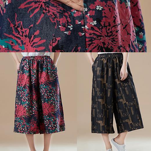 Natural red print cotton for women Fitted Catwalk Robe elastic waist wide leg pants